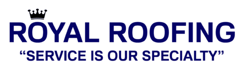 Logo for Royal Roofing with a small crown graphic above the word "Royal" and the slogan "Service is Our Specialty" in quotation marks below.